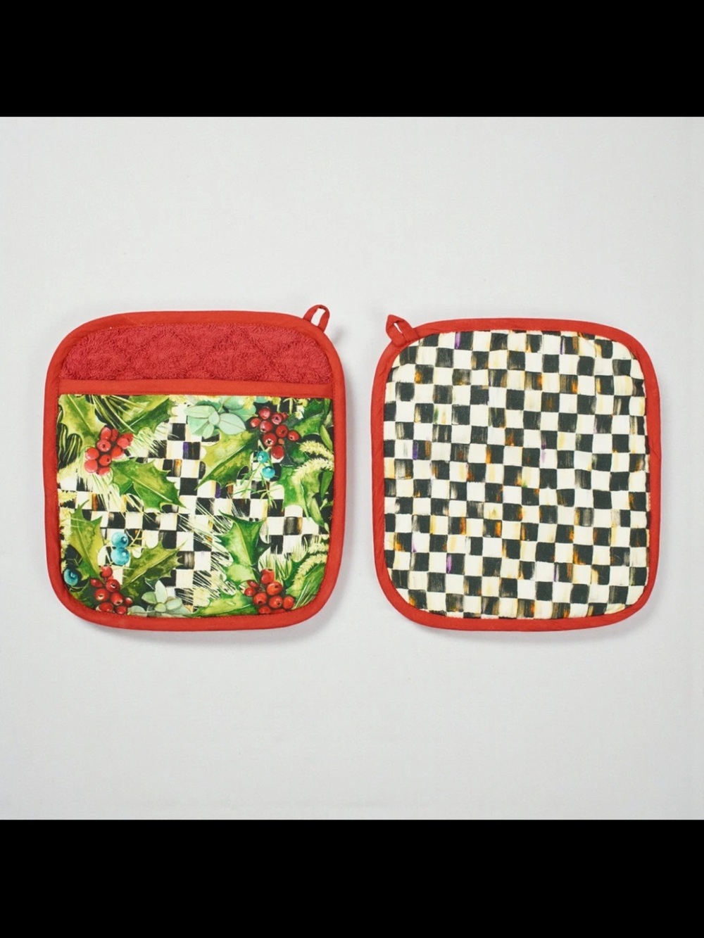 MacKenzie Childs Courtly Check OVEN MITT pot holder Set Of 2 Christmas Floral